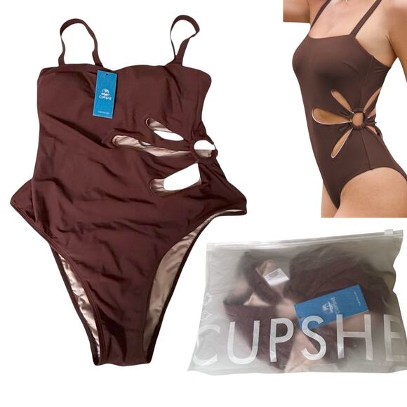 NEW Cupshe SWIMSUIT Women's MED Brown Square Neck Petal Cutout One PC Swimsuit - Picture 10 of 12